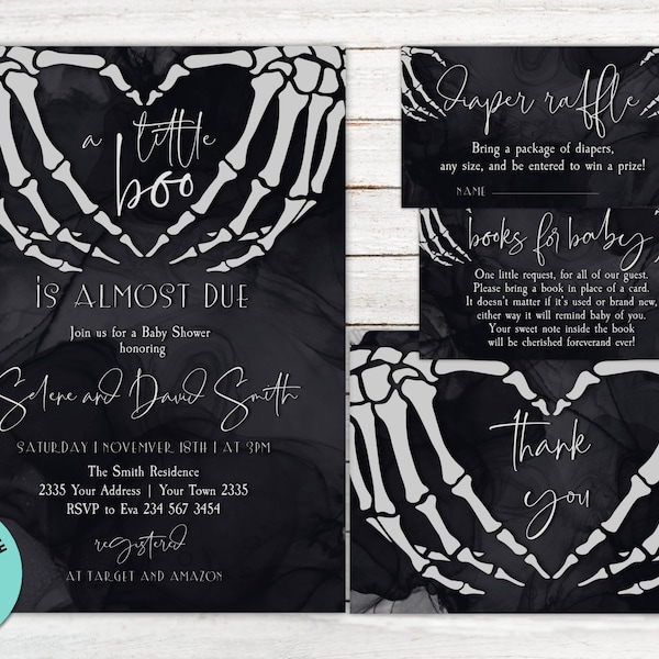 Gothic Halloween Baby Shower Invitation Set, Skull Love Hands (Editable Digital Item)