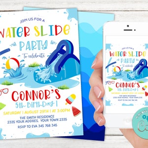 Editable Water Slide Birthday Invitation. Backyard Waterslide Splash. Pool Party Birthday Invite. Water Park Invitation. Boy Girl Birthday.