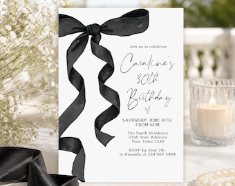 Editable Minimalist Bow Birthday Invitation (Digital), Elegant Black and White Party Invite, Coquette Watercolor Black Ribbon