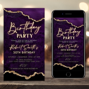 May include: Purple and gold birthday party invitation with a glittery design. The invitation says "Birthday Party" and "Robert Smith's 50th Birthday". The invitation includes the date, time, location, and RSVP information.