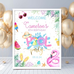 Signo de bienvenida editable de la fiesta en la piscina. Signo personalizado de fiesta en la piscina de verano. Banner de bienvenida a la fiesta de cumpleaños en la piscina. Fiesta en la piscina, cumpleaños, niña, cumpleaños en la piscina.