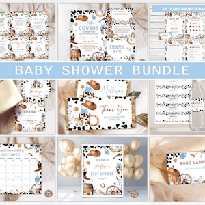 Editable Cowboy Baby Shower Bundle. A Little Cowboy Baby Shower Set. Wild West Boy Blue Outdoors Rodeo Country Baby Shower Games Bundle.