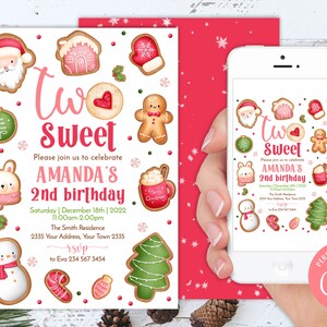 May include: A birthday invitation card featuring the text Two Sweet Amanda's 2nd birthday, decorated with illustrations of gingerbread cookies shaped like Santa, a house, a mitten, a bunny, a snowman, a tree, and a mug of hot cocoa.