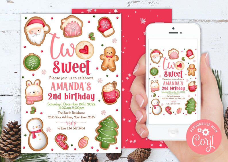 May include: A birthday invitation card featuring the text Two Sweet Amanda's 2nd birthday, decorated with illustrations of gingerbread cookies shaped like Santa, a house, a mitten, a bunny, a snowman, a tree, and a mug of hot cocoa.