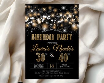 Editable Twin Birthday Invitation, Black and Gold Glitter Glam Milestone Party Template (Digital Item)