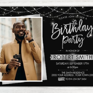 Editable Birthday Party Invitation. Birthday Party Invitation with Photo.  Adult Mens Womans. Any Age. Adult Birthday Invite. Black Silver.