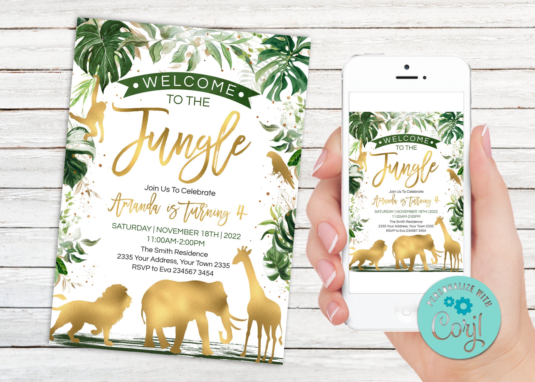 Editable Gold Jungle Birthday Invitation, Safari Animals  display picture 1