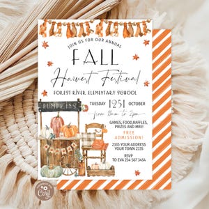 May include: A rectangular invitation card for a Fall Harvest Festival at Forest River Elementary School. The design features watercolor illustrations of pumpkins, a wooden stand, a chair, and orange bunting. Text includes event details, date, and time.