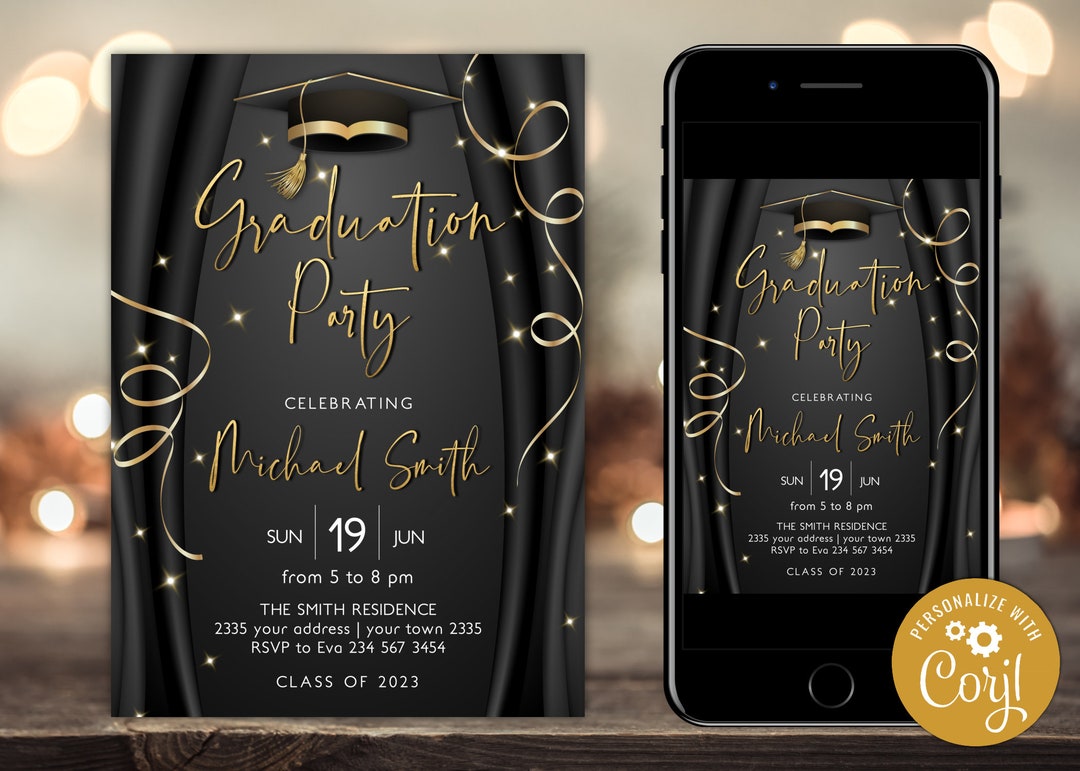 Editable Black and Gold Graduation Party Invitation (digital Download ...