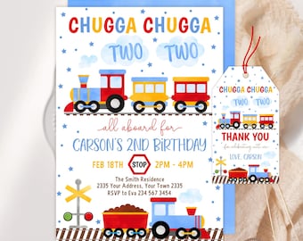 Editable Train Birthday Invitation. Blue Yellow Red Train Party Invite. Chugga Chugga Two Two 2nd Birthday Boy. Thank You Tag Included.