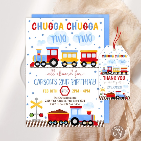 Chugga Chugga Two Two Birthday Invitation, Editable Train Theme Party Invite for 2nd Birthday
