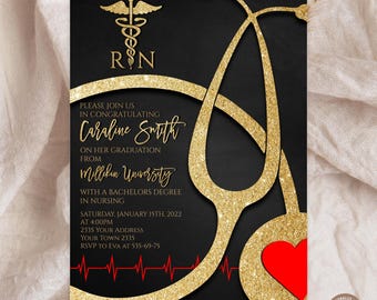 Editable Nursing Graduation Invitation: Gold Stethoscope (Digital Item)