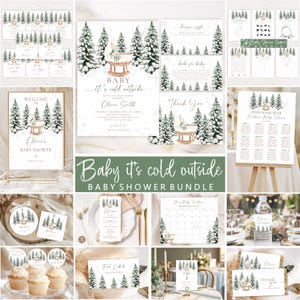 Könnte beinhalten: Ein Baby It's Cold Outside Babyparty-Papeterie-Set mit Wintermotiv, verschneiten Tannenbäumen und einer Illustration eines Vintage-Kinderwagens. Das Set enthält Einladungen, Spiele, Willkommensschilder, Menükarten, Etiketten und Dankeskarten.