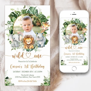 Bearbeitbare Safari-Geburtstagseinladung. Wild One Geburtstagseinladung mit Foto. Safari Einladungskarte zum 1.Geburtstag. Dschungel-Geburtstag. 1.Erster.