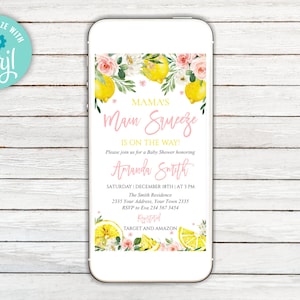 Editable Lemon Baby Shower Invitation. Mamas Main Squeeze Baby Shower Invitation. Floral Lemon Baby Shower. Summer Shower. Lemon Baby Shower