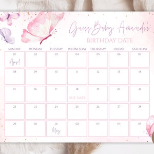Bearbeitbares Schmetterlings-Babyparty-Baby-Fälligkeitsdatum-Vorhersage-Spiel. Errate die Ankunftsdatum Kalender Schmetterling Baby Shower. Stichtag Kalender.