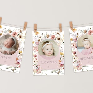 Bannière photo modifiable pour le 1er anniversaire d'une fée. Cartes d'étape mensuelles de la princesse fée enchantée. Guirlande photo 1er anniversaire de fée fleurs sauvages.