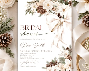 Winter Bridal Shower Invitation Template with Elegant Bow and Botanical Wreath (Digital File), Floral Christmas Invite