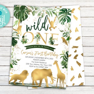 Editable Safari Birthday Invitation. Wild One Birthday Invitation. Gold Safari Birthday. Jungle Birthday Invitation. 1st First Party.