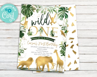 Editable Safari Birthday Invitation. Wild One Birthday Invitation. Gold Safari Birthday. Jungle Birthday Invitation. 1st First Party.