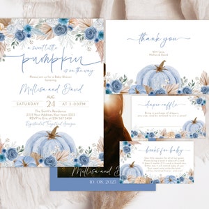 May include: A blue and white baby shower invitation suite with a pumpkin theme. The invitation features a watercolor illustration of a blue pumpkin with fall foliage and the text "a sweet little pumpkin is on the way". The other cards include a thank you card, a diaper raffle card, and a books for baby card.
