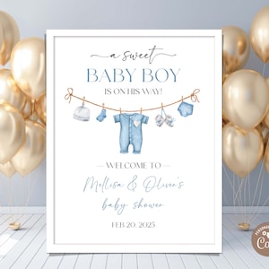 Cartello di benvenuto modificabile per baby shower. Un dolce bimbo sta per arrivare. Cartello di benvenuto per baby shower. Cartello blu per abbigliamento da esterno per bambini in stile boho.