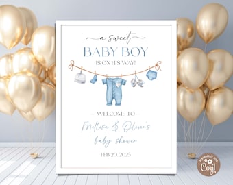 Editable Boy Baby Shower Welcome Sign. A Sweet Baby Boy Is On His Way Baby Shower Welcome Sign. Blue Boho Children&#39;s Clothing Outdoors Sign.