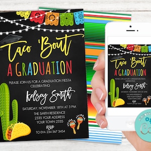 Taco modificabile per un invito alla celebrazione della laurea. Taco per una festa. Laurea Fiesta Cactus. Serape e Cactus. Festa di laurea.