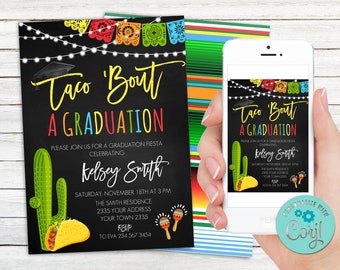 Editable Taco &#39;Bout a Graduation Celebration Invitation. Taco Bout a Party. Fiesta Cactus Graduation. Serape & Cactus. Fiesta Graduation.