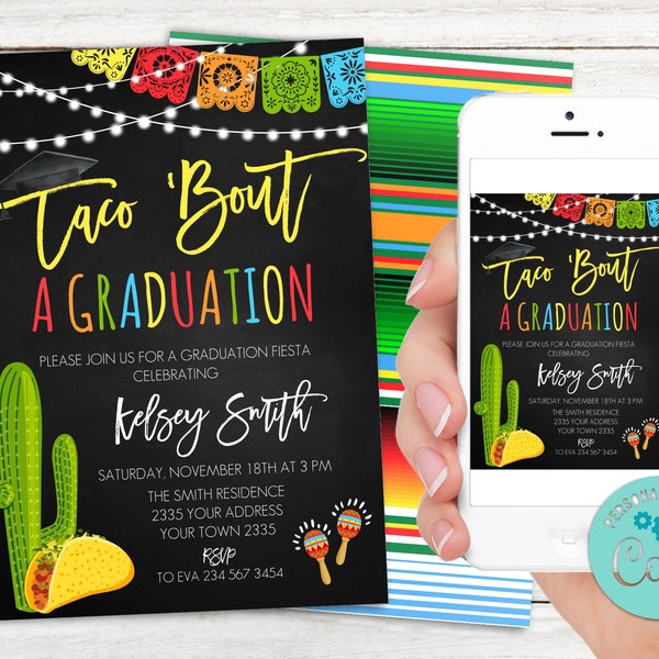 Editable Taco 'Bout a Graduation Celebration Invitation. Taco Bout a Party. Fiesta Cactus Graduation. Serape & Cactus. Fiesta Graduation.