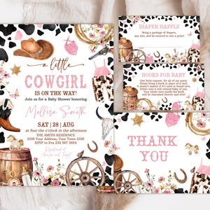 Editable Cowgirl Baby Shower Invitation Set. A Little Cowgirl Baby Shower Invite Pack. Wild West Western Girl Pink Outdoors Rodeo Country.