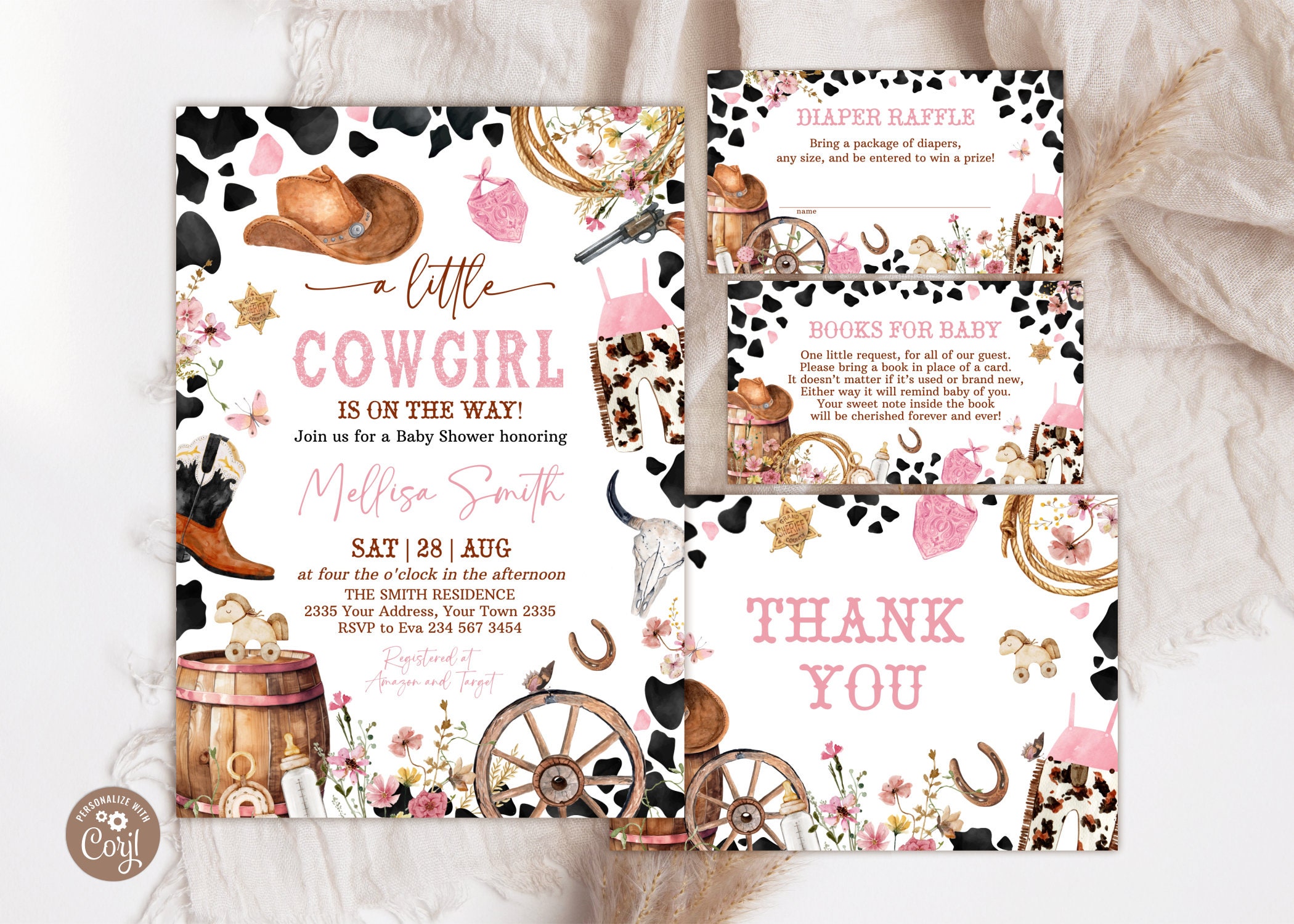 Editable Cowgirl Baby Shower Invitation Set A Little Cowgirl Baby Shower Invite Pack Wild West Western Girl Pink Outdoors