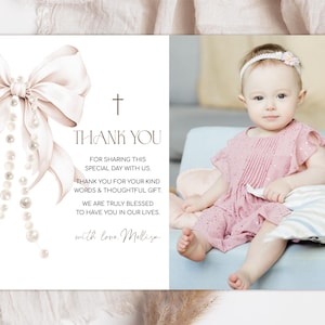 Editable First Holy Communion Photo Thank You Card with Beige Bow and Pearls. Elegant Girl First Communion Thank You Card. Ribbon and Rosary