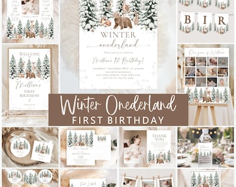 May include: A collection of winter-themed birthday party supplies. The designs feature illustrations of pine trees, bears, deer, and foxes. The text includes "Winter Onederland" and "Melisa's 1st Birthday" on invitations, banners, and other party items.