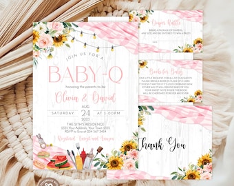 Editable Baby-Q Baby Shower Invitation Template, Rustic Pink Floral BBQ Invite,  Sunflower Theme (Digital)