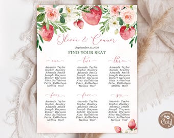 Póster editable con plano de asientos de fresas. Letrero con plano de asientos de bayas dulces. Fiesta de fresas. Plano de asientos de mesa. Plano de asientos. Asientos de invitados