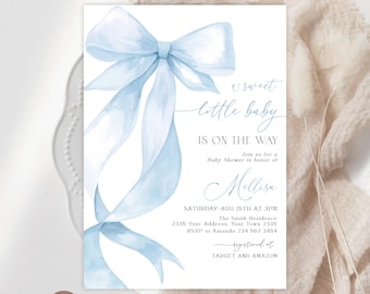 Editable Blue Bow Baby Shower Invitation Template, Minimalist Watercolor Boy Baby Shower Invite