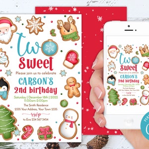 May include: A birthday invitation card featuring gingerbread-style illustrations of Santa, a reindeer, a penguin, a tree, and a snowman. The text reads: Two Sweet, Carson's 2nd birthday, Saturday December 18th 2022, 11:00am-2:00pm, The Smith Residence, 2335 Your Address, Your Town 2335, RSVP to Eva 234 567 3454.