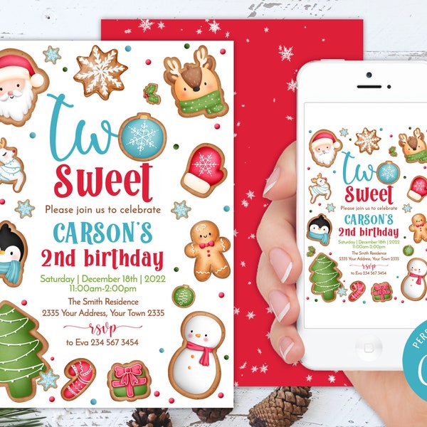 Editable Christmas Boy Birthday Invitation. Second Birthday. Holiday Cookie Party. 2nd Birthday Party. Two Sweet Christmas. Birthday Boy.