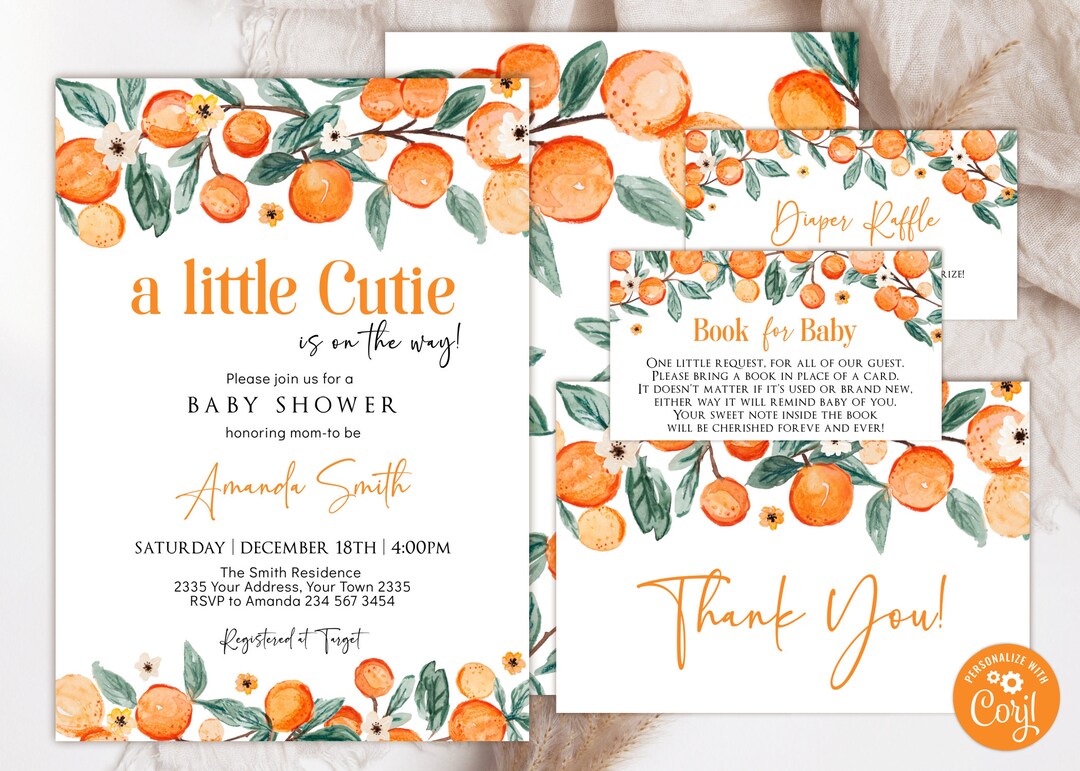Editable Little Cutie Baby Shower Invitation Set. A Little Cutie Orange