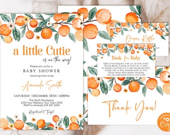 Little Cutie Baby Shower Invitation Set, Orange Citrus Theme (Digital)