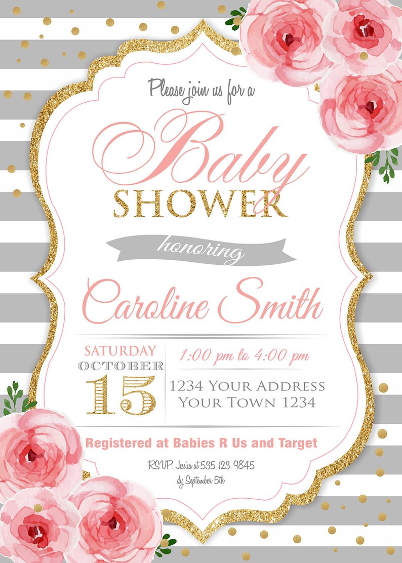 Baby Shower Invitation Floral. Pink and Grey Baby Shower Etsy