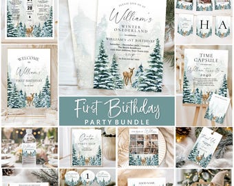 Editable Winter ONEderland Birthday Invitation Bundle, Woodland Deer Theme (Digital Download), Adventure Birthday Party Kit.