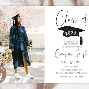 Editable Graduation Party Invitation with Photo. Graduation Celebration Invitation. Black & White. He did it! She did it! Class of 2023.