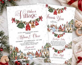 Editable Watercolor Winter Village Baby Shower Invitation Bundle, It Takes a Village Invite (Digital), Christmas Baby Shower