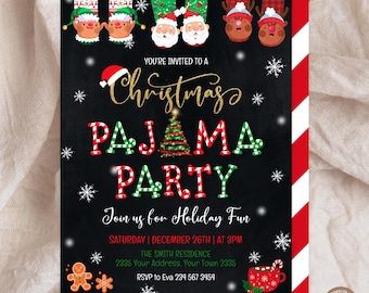Editable Christmas Pajama Party Invitation, Holiday Family Gathering Invite, Festive Chalkboard Template