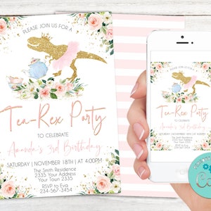 Floral Dinosaur Tea Party Invitation, Tutu T-Rex (Editable Digital Item)