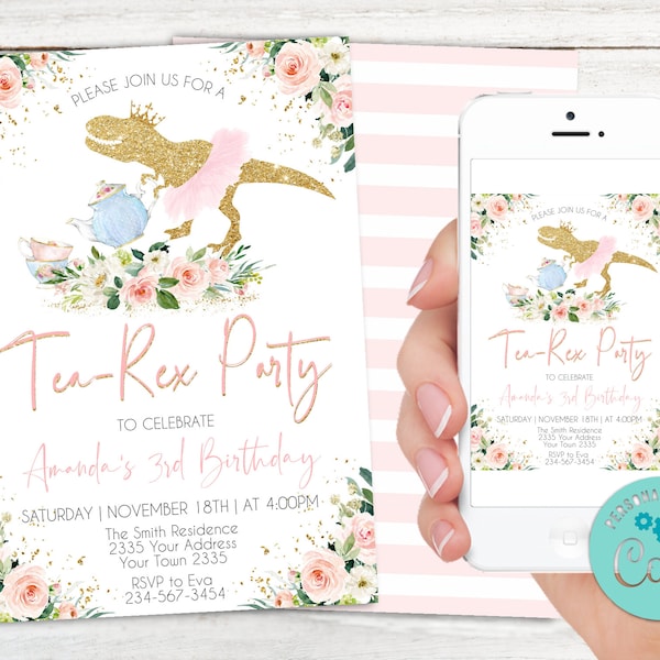 Editable Dinosaur Tea Party invitation. Floral Dinosaur Birthday Invitation. Tea Rex Birthday Invitation. Tutus & Tiaras. T-Rex. Any age.