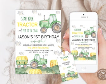 Bearbeitbarer grüner Traktor, Heuballen-Geburtstagseinladung. Traktor-Geburtstags-Einladung. Junge 1.Geburtstag einladen. Traktor Dankeschön-Tag enthalten.