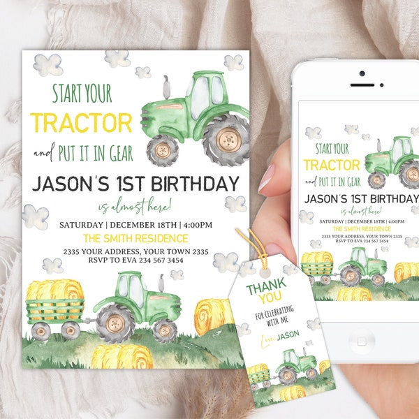 Editable Green Tractor, Bales of Hay Birthday Invitation. Tractor Birthday Invite. Boy 1st Birthday Invite. Tractor Thank You Tag Included.